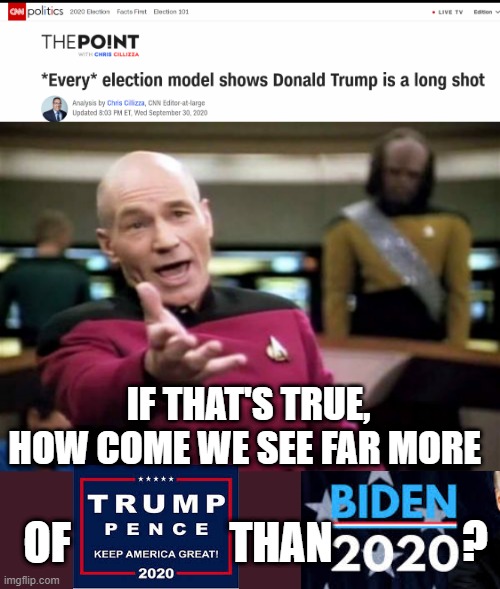 Notice the report's from CNN... | IF THAT'S TRUE, HOW COME WE SEE FAR MORE; ? OF                  THAN | image tagged in memes,picard wtf,trump 2020,biden 2020,cnn fake news,politics | made w/ Imgflip meme maker