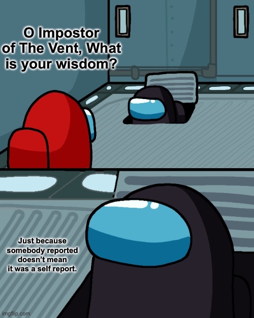O Impostor of The Vent |  O Impostor of The Vent, What is your wisdom? Just because somebody reported doesn’t mean it was a self report. | image tagged in o impostor of the vent | made w/ Imgflip meme maker