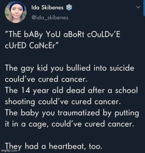 no obvi they could still cure cancer toughen up snowflake maga | image tagged in maga,cancer,abortion,repost,bullying,conservative logic | made w/ Imgflip meme maker