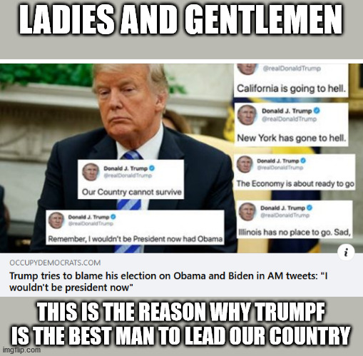 Unhinged Tweeting tirades.  Blaming. Accusing. Negativity. Hate.  Division. tRUMPf. | LADIES AND GENTLEMEN; THIS IS THE REASON WHY TRUMPF IS THE BEST MAN TO LEAD OUR COUNTRY | image tagged in unhinged,tweet storm,insane | made w/ Imgflip meme maker
