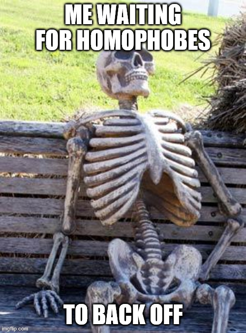 It's been, like, 2000+ years. | ME WAITING FOR HOMOPHOBES; TO BACK OFF | image tagged in memes,waiting skeleton,homophobe | made w/ Imgflip meme maker