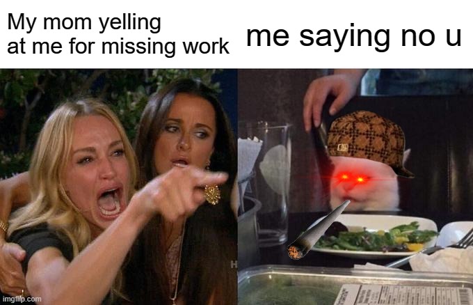 i remember this somewhere... | My mom yelling at me for missing work; me saying no u | image tagged in memes,woman yelling at cat | made w/ Imgflip meme maker