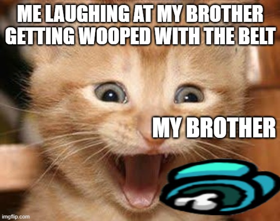get the are noobed | ME LAUGHING AT MY BROTHER GETTING WOOPED WITH THE BELT; MY BROTHER | image tagged in memes,excited cat | made w/ Imgflip meme maker