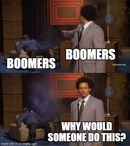 Boomers | BOOMERS; BOOMERS; WHY WOULD SOMEONE DO THIS? | image tagged in memes,who killed hannibal,funny,boomers,shoot | made w/ Imgflip meme maker
