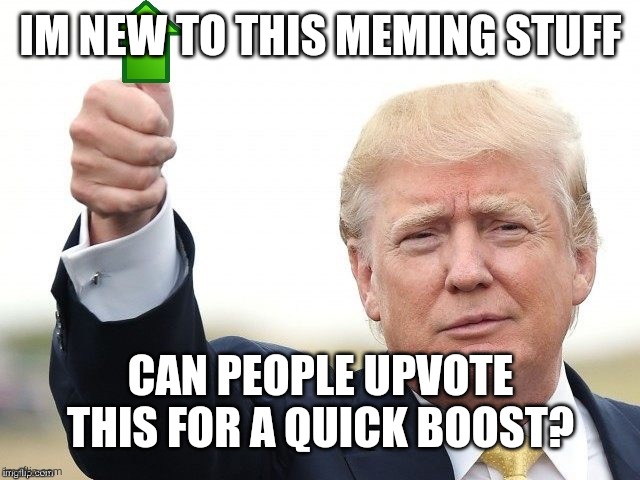 Trump Upvote | IM NEW TO THIS MEMING STUFF; CAN PEOPLE UPVOTE THIS FOR A QUICK BOOST? | image tagged in trump upvote | made w/ Imgflip meme maker