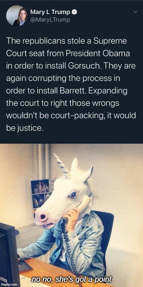 eyyy at least one Trump has a sensible view on this whole court-packing thing | image tagged in unicorn phone no no she's got a point,supreme court,scotus,justice,gop,mitch mcconnell | made w/ Imgflip meme maker