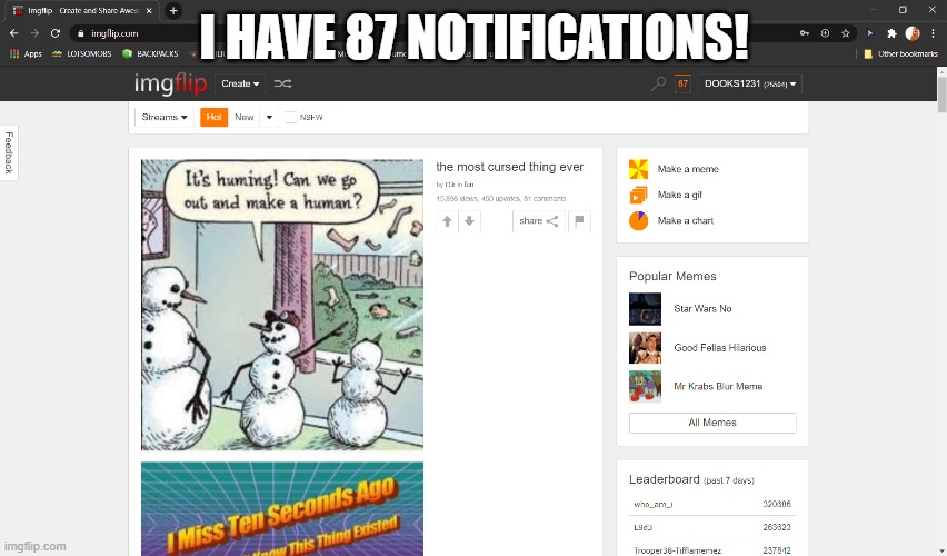 I ACTUALLY HAD 87! |  I HAVE 87 NOTIFICATIONS! | image tagged in meanwhile on imgflip | made w/ Imgflip meme maker
