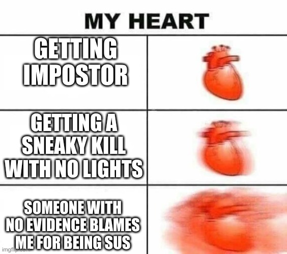 My heart blank | GETTING IMPOSTOR; GETTING A SNEAKY KILL WITH NO LIGHTS; SOMEONE WITH NO EVIDENCE BLAMES ME FOR BEING SUS | image tagged in my heart blank | made w/ Imgflip meme maker