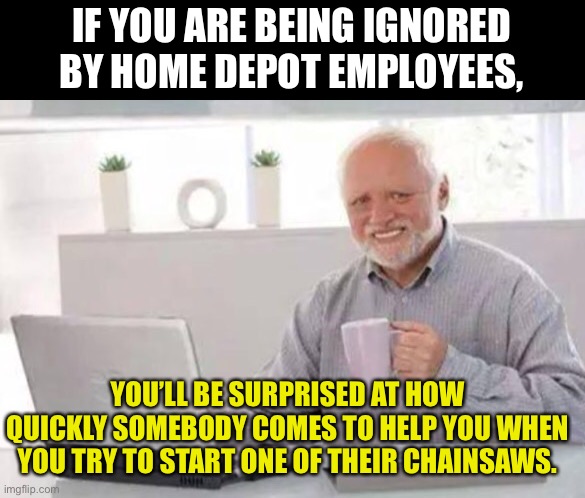 Harold | IF YOU ARE BEING IGNORED BY HOME DEPOT EMPLOYEES, YOU’LL BE SURPRISED AT HOW QUICKLY SOMEBODY COMES TO HELP YOU WHEN YOU TRY TO START ONE OF THEIR CHAINSAWS. | image tagged in harold | made w/ Imgflip meme maker