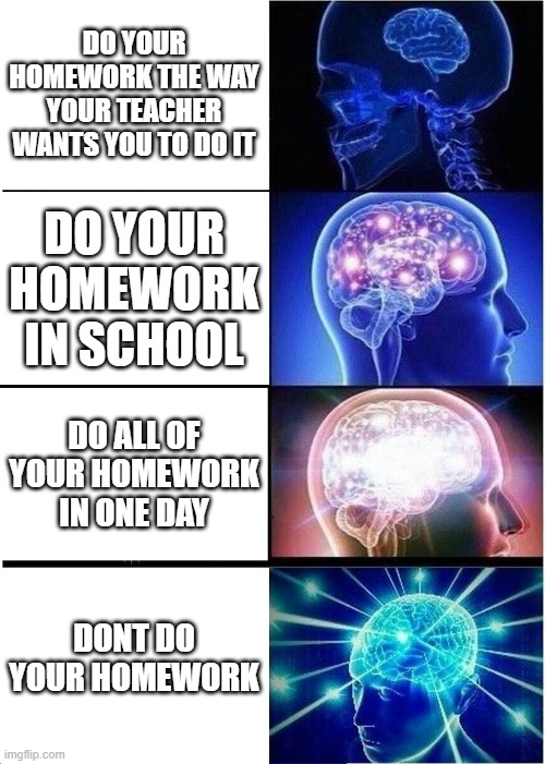 Expanding Brain Meme | DO YOUR HOMEWORK THE WAY YOUR TEACHER WANTS YOU TO DO IT; DO YOUR HOMEWORK IN SCHOOL; DO ALL OF YOUR HOMEWORK IN ONE DAY; DONT DO YOUR HOMEWORK | image tagged in memes,expanding brain | made w/ Imgflip meme maker