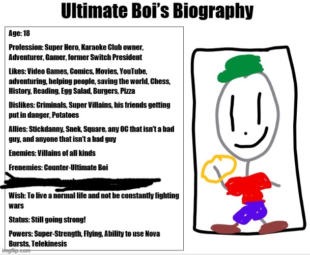 updated UB bio | image tagged in ultimate boi,ocs,biography | made w/ Imgflip meme maker