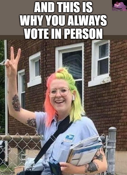 Gives junk mail a new meaning | AND THIS IS WHY YOU ALWAYS VOTE IN PERSON | image tagged in usps freak | made w/ Imgflip meme maker
