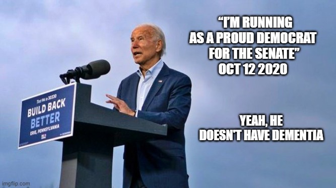 Joe's running for Senate in 2020 | “I’M RUNNING AS A PROUD DEMOCRAT
 FOR THE SENATE”
OCT 12 2020; YEAH, HE DOESN'T HAVE DEMENTIA | image tagged in dementia biden | made w/ Imgflip meme maker