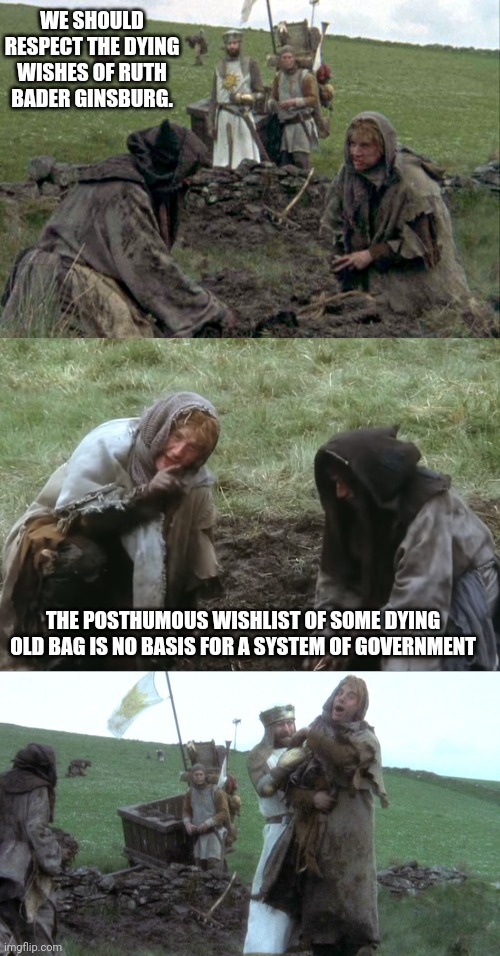 Farcical senate hearing | WE SHOULD RESPECT THE DYING WISHES OF RUTH BADER GINSBURG. THE POSTHUMOUS WISHLIST OF SOME DYING OLD BAG IS NO BASIS FOR A SYSTEM OF GOVERNMENT | image tagged in monty python,ruth bader ginsburg | made w/ Imgflip meme maker