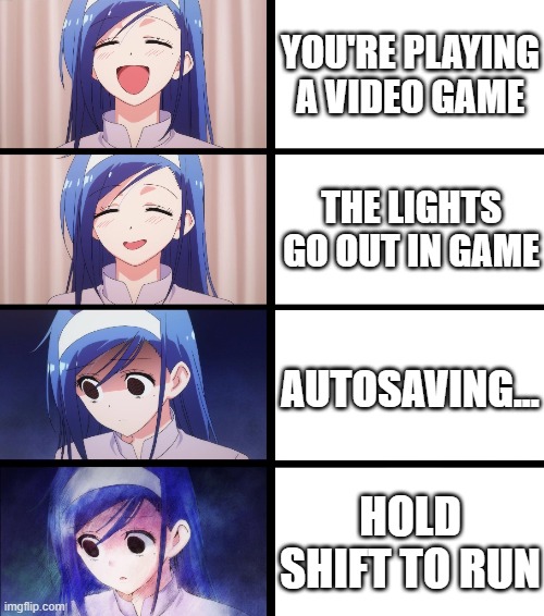 Ya'll know what I mean | YOU'RE PLAYING A VIDEO GAME; THE LIGHTS GO OUT IN GAME; AUTOSAVING... HOLD SHIFT TO RUN | image tagged in anime meme | made w/ Imgflip meme maker