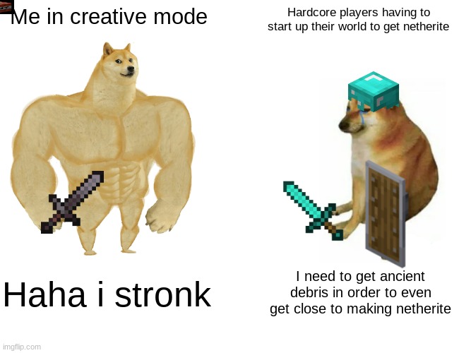 Buff Doge vs. Cheems Meme | Me in creative mode; Hardcore players having to start up their world to get netherite; Haha i stronk; I need to get ancient debris in order to even get close to making netherite | image tagged in memes,buff doge vs cheems | made w/ Imgflip meme maker