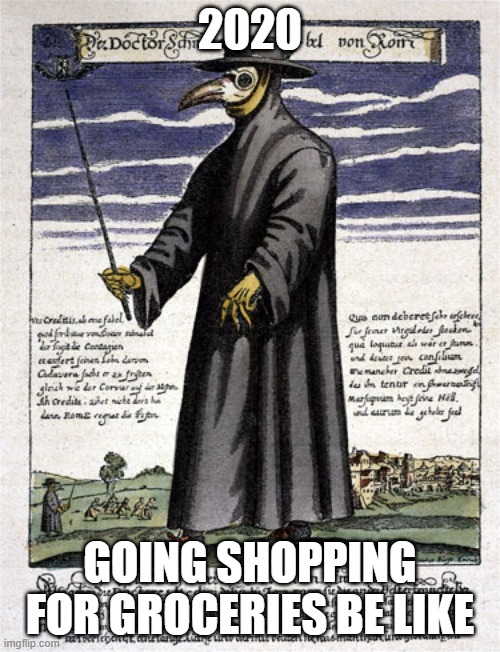 going for the groceries be like | 2020; GOING SHOPPING FOR GROCERIES BE LIKE | image tagged in coronavirus,face mask,mask,plague,plague doctor | made w/ Imgflip meme maker
