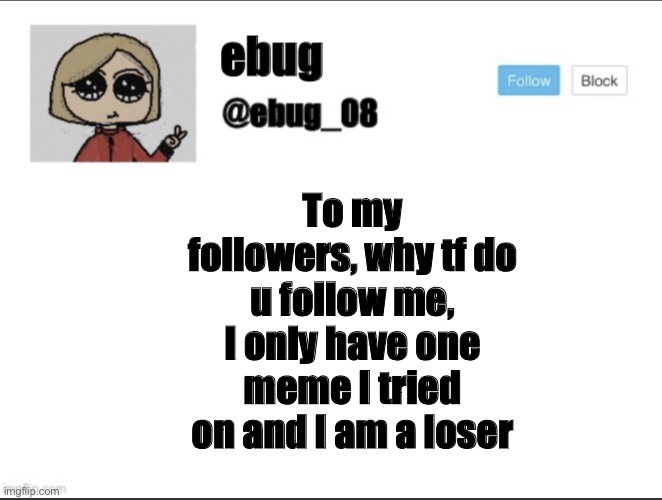 To my followers, why tf do u follow me, I only have one meme I tried on and I am a loser | image tagged in ebug_08 update | made w/ Imgflip meme maker