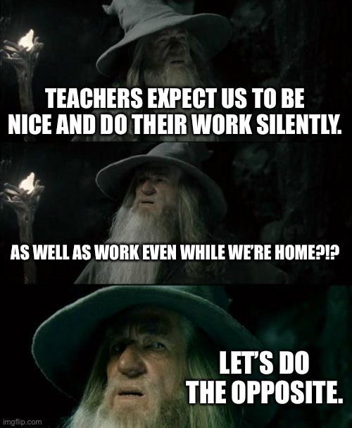 Confused Gandalf Meme | TEACHERS EXPECT US TO BE NICE AND DO THEIR WORK SILENTLY. AS WELL AS WORK EVEN WHILE WE’RE HOME?!? LET’S DO THE OPPOSITE. | image tagged in memes,confused gandalf | made w/ Imgflip meme maker