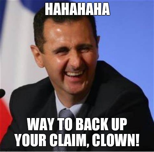 Assad laugh | HAHAHAHA WAY TO BACK UP YOUR CLAIM, CLOWN! | image tagged in assad laugh | made w/ Imgflip meme maker