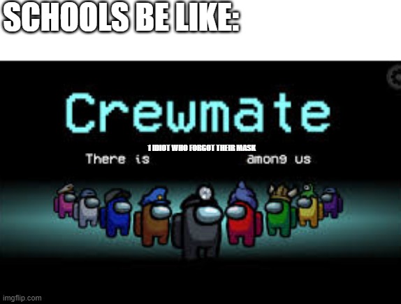 schools | SCHOOLS BE LIKE:; 1 IDIOT WHO FORGOT THEIR MASK | image tagged in there is 1 imposter among us | made w/ Imgflip meme maker