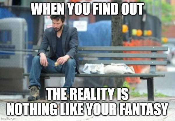 Sad Keanu Meme | WHEN YOU FIND OUT THE REALITY IS NOTHING LIKE YOUR FANTASY | image tagged in memes,sad keanu | made w/ Imgflip meme maker