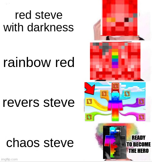 as if | red steve with darkness; rainbow red; revers steve; chaos steve; READY TO BECOME THE HERO | image tagged in memes,clown applying makeup,rainbow quests,revers steve,rainbow red,favremysaber | made w/ Imgflip meme maker