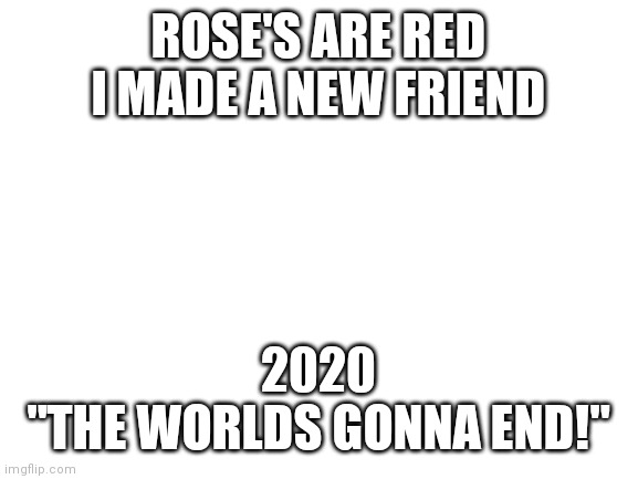 Yeet(I seriously need to think of titles) | ROSE'S ARE RED
I MADE A NEW FRIEND; 2020
"THE WORLDS GONNA END!" | image tagged in blank white template | made w/ Imgflip meme maker