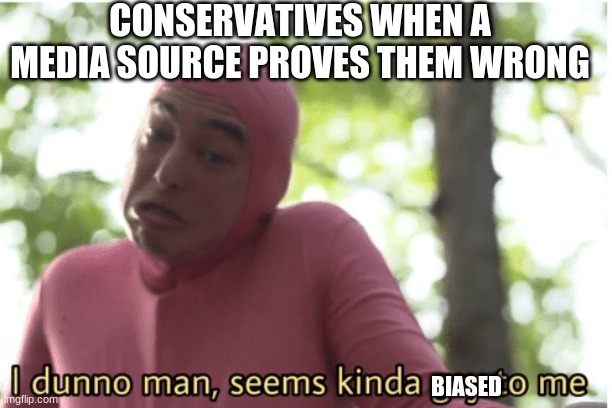 I dunno man seems kinda gay to me | CONSERVATIVES WHEN A MEDIA SOURCE PROVES THEM WRONG; BIASED | image tagged in i dunno man seems kinda gay to me | made w/ Imgflip meme maker