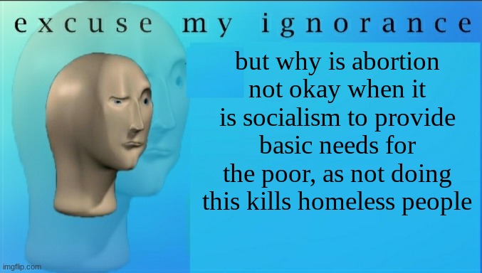 Excuse my ignorance but | but why is abortion not okay when it is socialism to provide basic needs for the poor, as not doing this kills homeless people | image tagged in excuse my ignorance but | made w/ Imgflip meme maker