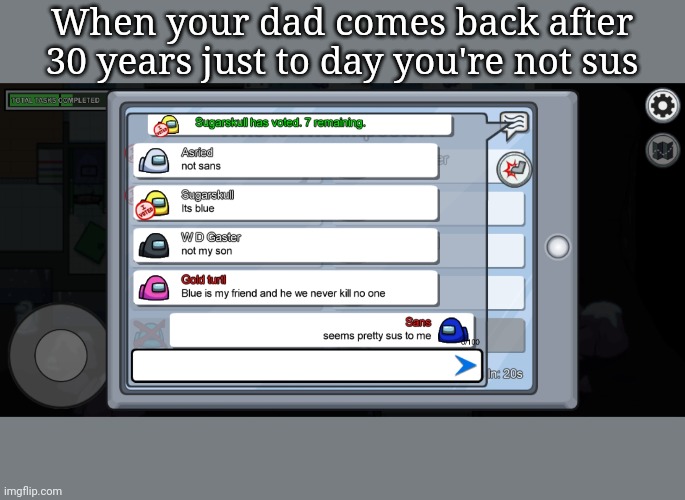 Thanks, dad! | When your dad comes back after 30 years just to day you're not sus | image tagged in among us,undertale | made w/ Imgflip meme maker