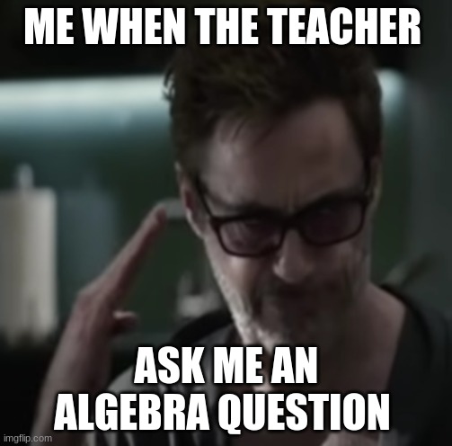 me suck at algebra | ME WHEN THE TEACHER; ASK ME AN ALGEBRA QUESTION | image tagged in funny,tony stark | made w/ Imgflip meme maker