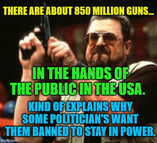 gun | THERE ARE ABOUT 850 MILLION GUNS... IN THE HANDS OF THE PUBLIC IN THE USA. KIND OF EXPLAINS WHY SOME POLITICIAN'S WANT THEM BANNED TO STAY IN POWER. | image tagged in gun | made w/ Imgflip meme maker