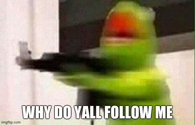 Kermit Gun | WHY DO YALL FOLLOW ME | image tagged in kermit gun | made w/ Imgflip meme maker