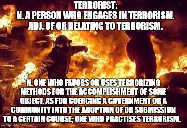Antifa is defined by their actions.. some people can not grasp that fact | TERRORIST:
N.	A PERSON WHO ENGAGES IN TERRORISM.
ADJ.	OF OR RELATING TO TERRORISM. N.	ONE WHO FAVORS OR USES TERRORIZING METHODS FOR THE ACCOMPLISHMENT OF SOME OBJECT, AS FOR COERCING A GOVERNMENT OR A COMMUNITY INTO THE ADOPTION OF OR SUBMISSION TO A CERTAIN COURSE; ONE WHO PRACTISES TERRORISM. | image tagged in antifa,scumbag,maga,2020,facts,stupid liberals | made w/ Imgflip meme maker