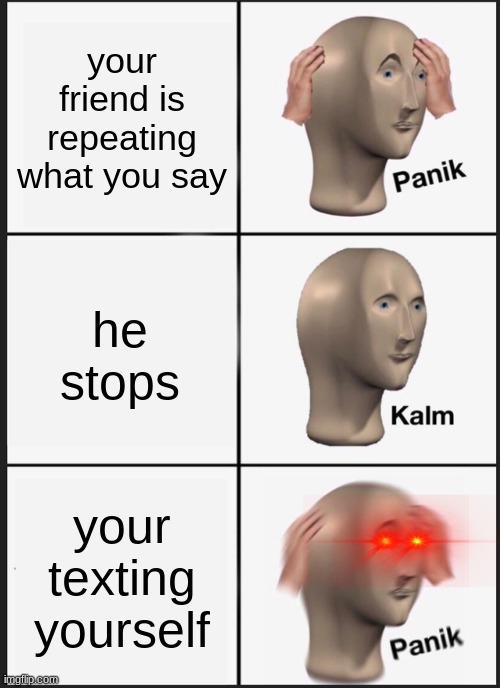 Panik Kalm Panik Meme | your friend is repeating what you say; he stops; your texting yourself | image tagged in memes,panik kalm panik | made w/ Imgflip meme maker