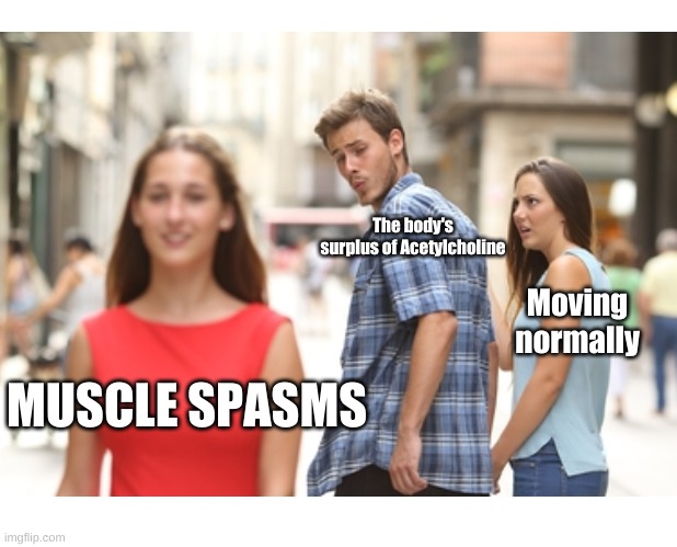 neurotransmitter meme | The body's surplus of Acetylcholine; Moving normally; MUSCLE SPASMS | image tagged in science,FreeKarma4U | made w/ Imgflip meme maker