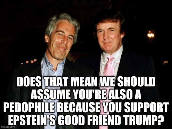 Trump Epstein | DOES THAT MEAN WE SHOULD ASSUME YOU'RE ALSO A PEDOPHILE BECAUSE YOU SUPPORT EPSTEIN'S GOOD FRIEND TRUMP? | image tagged in trump epstein | made w/ Imgflip meme maker