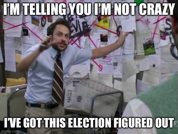 I’ve got the election figured out | I’M TELLING YOU I’M NOT CRAZY; I’VE GOT THIS ELECTION FIGURED OUT | image tagged in charlie day,election 2020,donald trump,joe biden,political meme | made w/ Imgflip meme maker