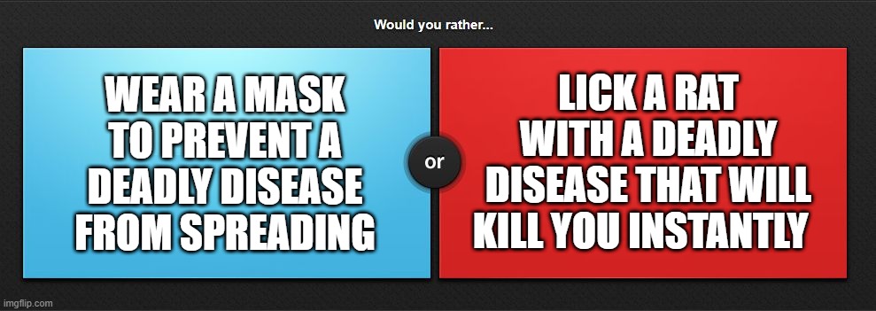 would you rather | WEAR A MASK TO PREVENT A DEADLY DISEASE FROM SPREADING; LICK A RAT WITH A DEADLY DISEASE THAT WILL KILL YOU INSTANTLY | image tagged in would you rather,covid-19,coronavirus meme,face mask | made w/ Imgflip meme maker