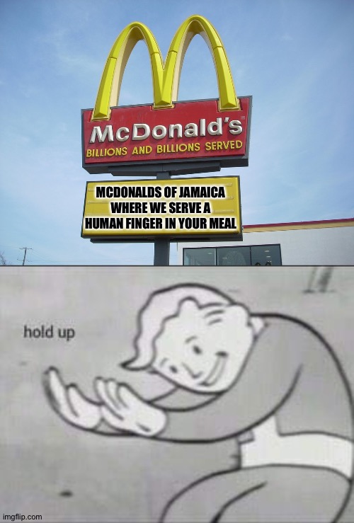 Why McDonalds is no longer in Jamacia | MCDONALDS OF JAMAICA WHERE WE SERVE A HUMAN FINGER IN YOUR MEAL | image tagged in mcdonald's sign,fallout hold up | made w/ Imgflip meme maker
