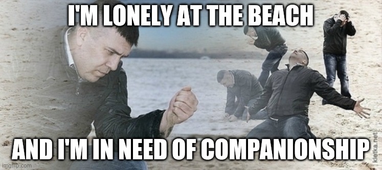 Sad guy beach | I'M LONELY AT THE BEACH; AND I'M IN NEED OF COMPANIONSHIP | image tagged in sad guy beach | made w/ Imgflip meme maker