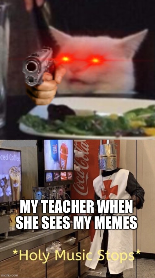 im not joking | MY TEACHER WHEN SHE SEES MY MEMES | image tagged in holy music stops | made w/ Imgflip meme maker