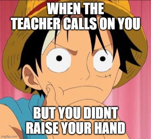 When a teacher asks you to answer a question | WHEN THE TEACHER CALLS ON YOU; BUT YOU DIDNT RAISE YOUR HAND | image tagged in luffy focused | made w/ Imgflip meme maker
