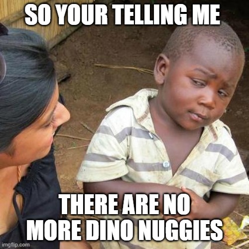 no dino nuggies | SO YOUR TELLING ME; THERE ARE NO MORE DINO NUGGIES | image tagged in memes,third world skeptical kid | made w/ Imgflip meme maker