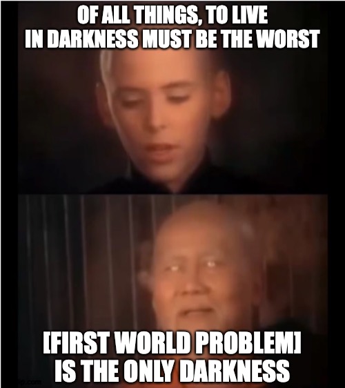 of ALL THE THINGS! | OF ALL THINGS, TO LIVE IN DARKNESS MUST BE THE WORST; [FIRST WORLD PROBLEM] IS THE ONLY DARKNESS | image tagged in x is the only darkness,memes,meme,meme template,meme this,kung fu | made w/ Imgflip meme maker