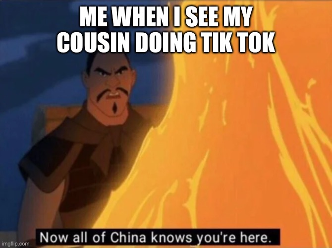 Now all of China knows you're here | ME WHEN I SEE MY COUSIN DOING TIK TOK | image tagged in now all of china knows you're here | made w/ Imgflip meme maker