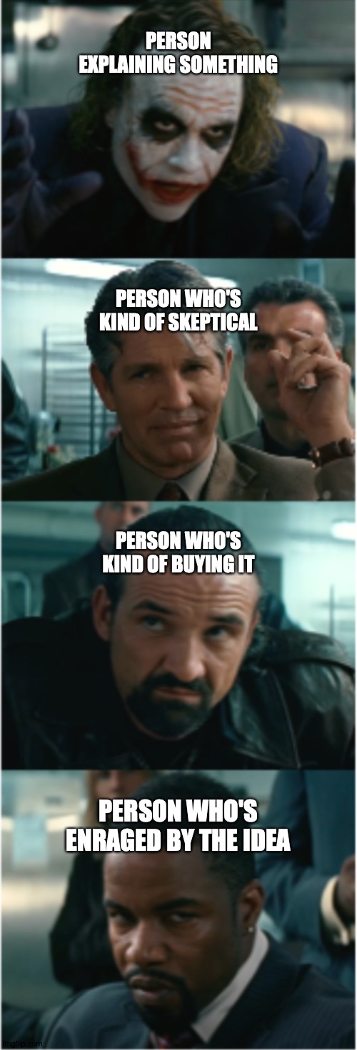 Now, This Is a Story All About How... | PERSON EXPLAINING SOMETHING; PERSON WHO'S KIND OF SKEPTICAL; PERSON WHO'S KIND OF BUYING IT; PERSON WHO'S ENRAGED BY THE IDEA | image tagged in joker explaining,memes,meme template,the dark knight | made w/ Imgflip meme maker