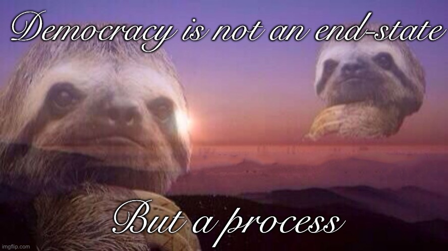 What is democracy? It’s about the journey, not the goal. | Democracy is not an end-state; But a process | image tagged in sloth knowledge is power without words,democracy | made w/ Imgflip meme maker