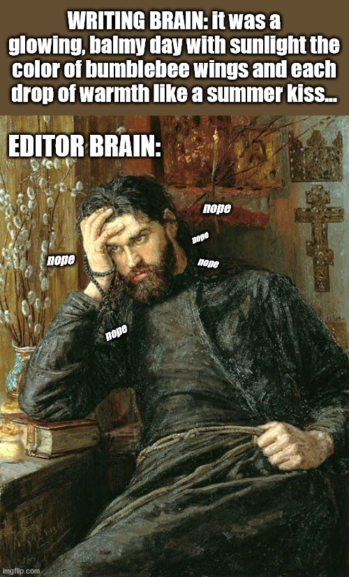 Writing brain vs. editor brain |  WRITING BRAIN: it was a glowing, balmy day with sunlight the color of bumblebee wings and each drop of warmth like a summer kiss... EDITOR BRAIN:; nope; nope; nope; nope; nope | image tagged in authors,editors,nope,nope nope nope | made w/ Imgflip meme maker